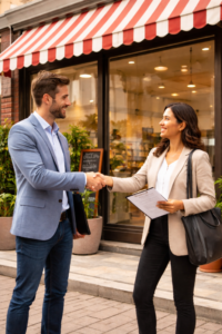 Empresário e advogada do apertando as mãos em frente a um estabelecimento comercial após o sucesso de uma ação renovatória de aluguel comercial