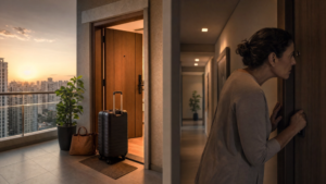 Ilustração de apartamento listado no Airbnb em condomínio residencial, representando o uso da plataforma em prédios de moradia