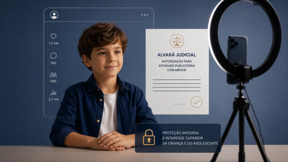 Menor de idade gravando conteúdo digital próximo a um ring light e documento de alvará judicial para influenciadores mirins